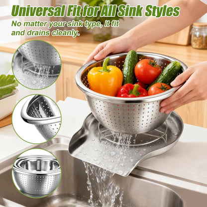 Stainless Steel Colander Set with Self-Draining Base, 3 Sizes Colanders & Food Strainers for Pasta, Rice, Fruits & Veggies, Metal Colander with Draining Plate for Sink or Countertop