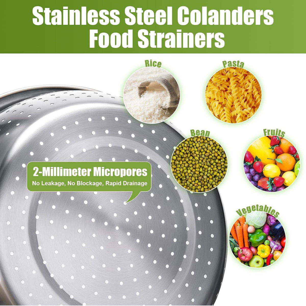 Stainless Steel Colander Set with Self-Draining Base, 3 Sizes Colanders & Food Strainers for Pasta, Rice, Fruits & Veggies, Metal Colander with Draining Plate for Sink or Countertop