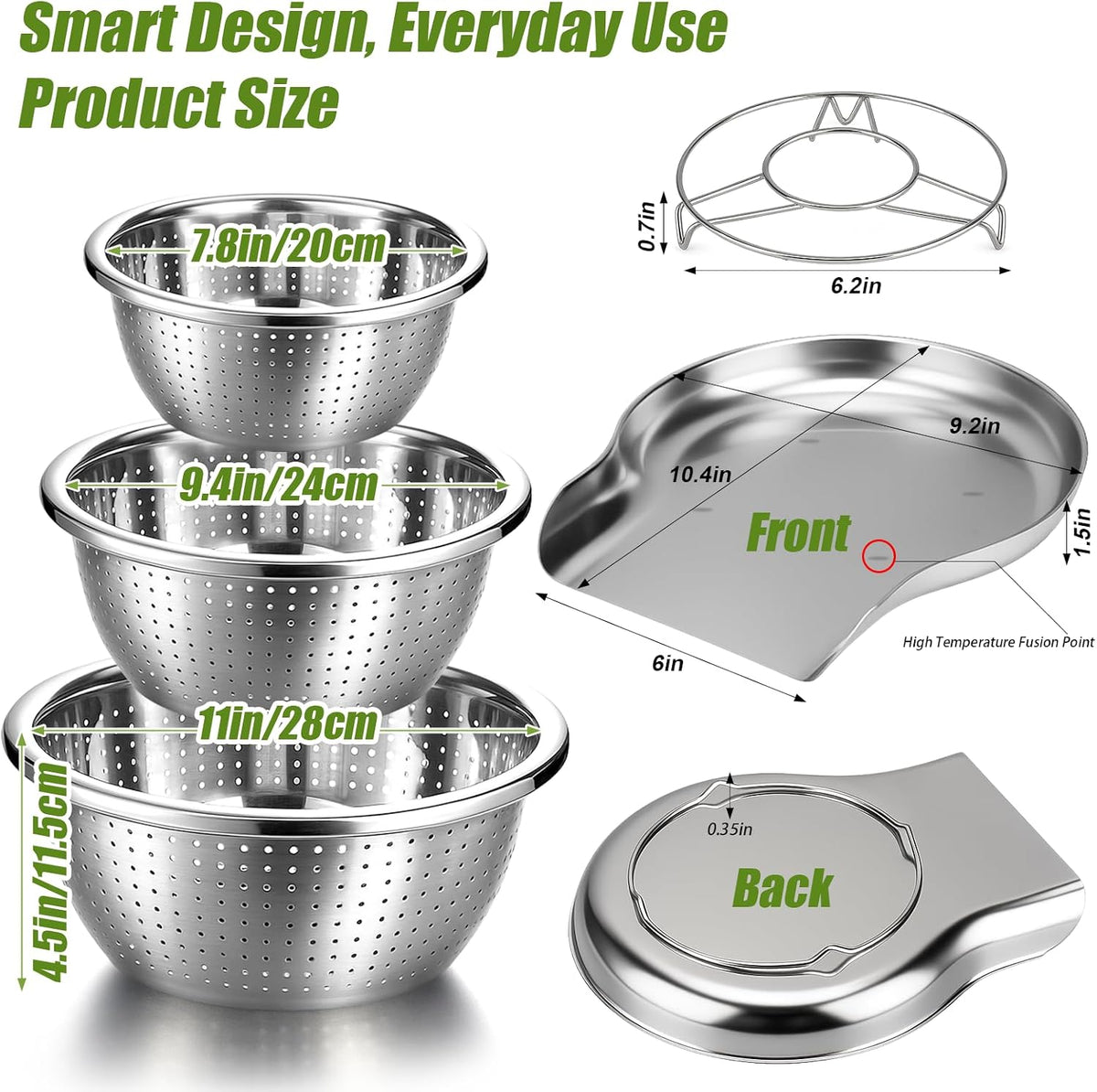 Stainless Steel Colander Set with Self-Draining Base, 3 Sizes Colanders & Food Strainers for Pasta, Rice, Fruits & Veggies, Metal Colander with Draining Plate for Sink or Countertop