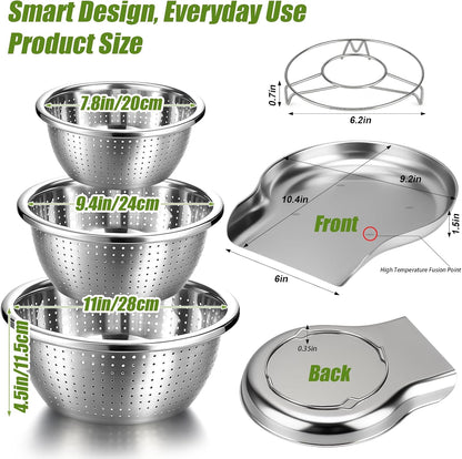 Stainless Steel Colander Set with Self-Draining Base, 3 Sizes Colanders & Food Strainers for Pasta, Rice, Fruits & Veggies, Metal Colander with Draining Plate for Sink or Countertop
