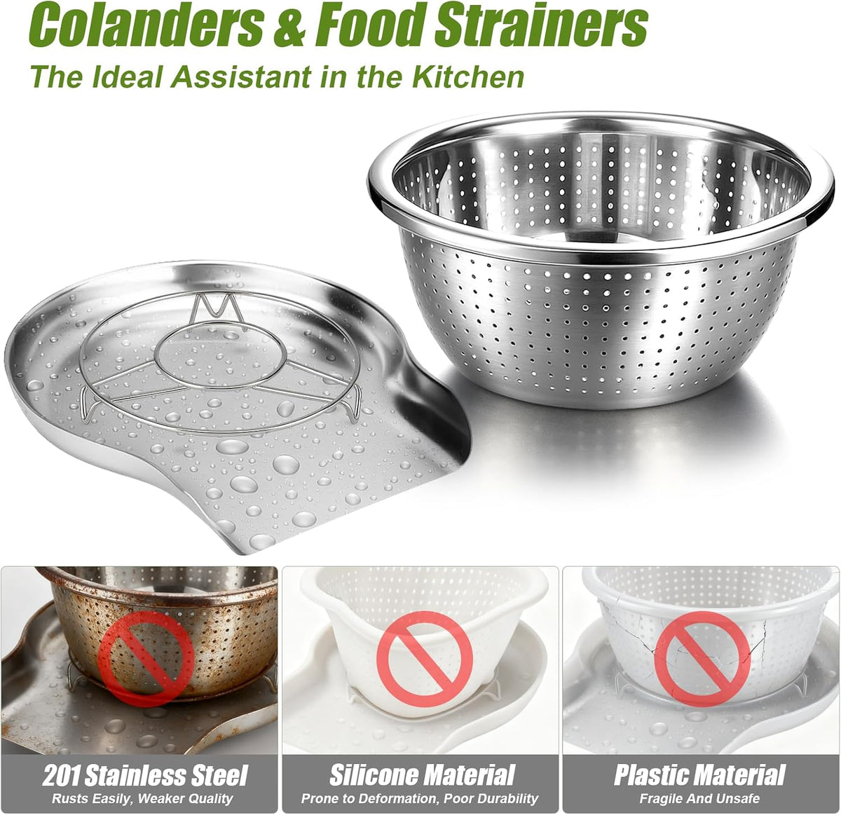 Stainless Steel Colander Set with Self-Draining Base, 3 Sizes Colanders & Food Strainers for Pasta, Rice, Fruits & Veggies, Metal Colander with Draining Plate for Sink or Countertop