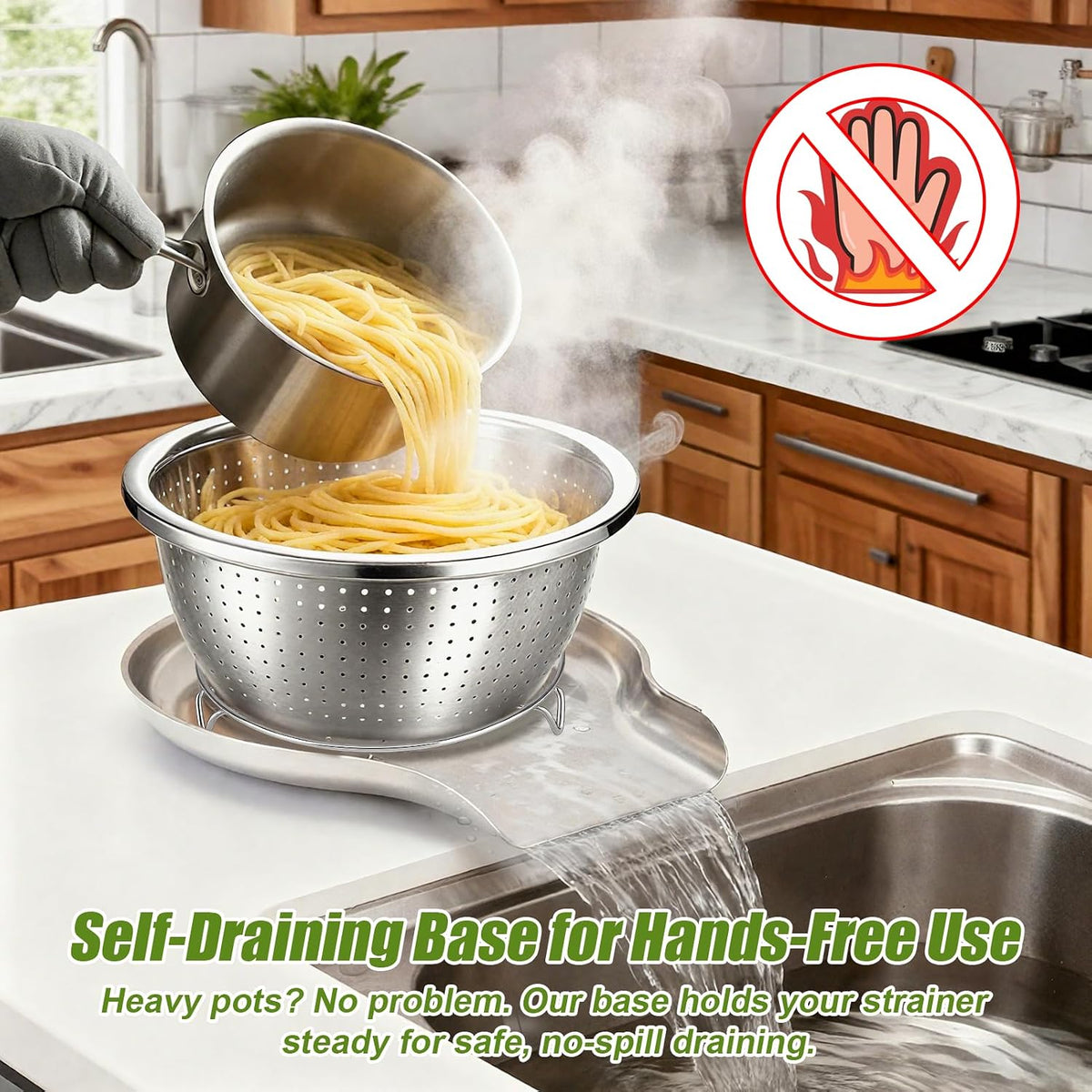 Stainless Steel Colander Set with Self-Draining Base, 3 Sizes Colanders & Food Strainers for Pasta, Rice, Fruits & Veggies, Metal Colander with Draining Plate for Sink or Countertop