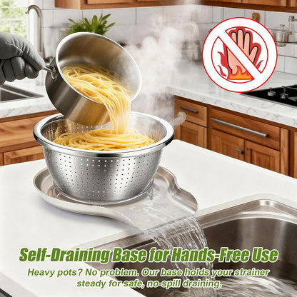 Stainless Steel Colander Set with Self-Draining Base, 3 Sizes Colanders & Food Strainers for Pasta, Rice, Fruits & Veggies, Metal Colander with Draining Plate for Sink or Countertop