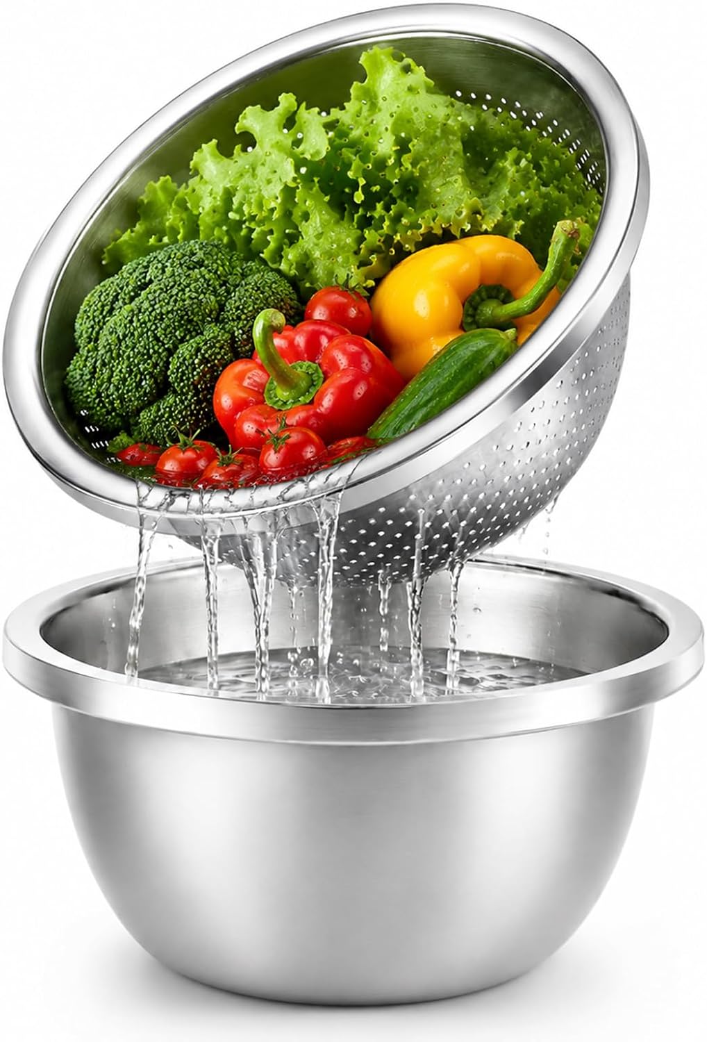 Stainless Steel Colander Set with Self-Draining Base, 3 Sizes Colanders & Food Strainers for Pasta, Rice, Fruits & Veggies, Metal Colander with Draining Plate for Sink or Countertop