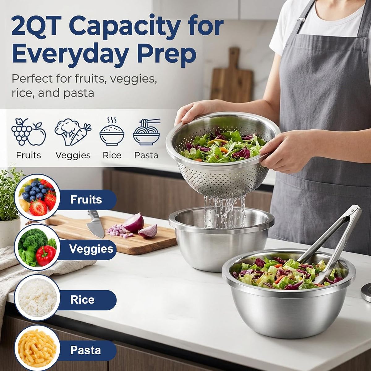 Stainless Steel Colander Set with Self-Draining Base, 3 Sizes Colanders & Food Strainers for Pasta, Rice, Fruits & Veggies, Metal Colander with Draining Plate for Sink or Countertop
