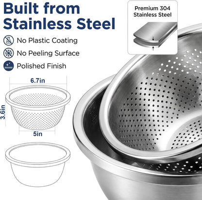 Stainless Steel Colander Set with Self-Draining Base, 3 Sizes Colanders & Food Strainers for Pasta, Rice, Fruits & Veggies, Metal Colander with Draining Plate for Sink or Countertop