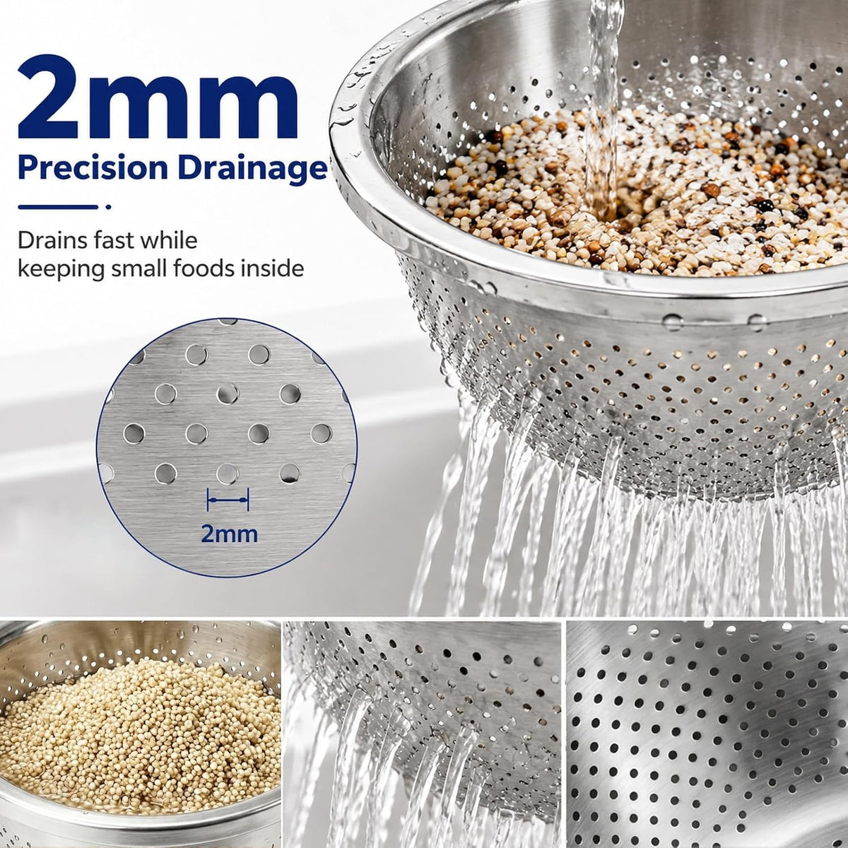 Stainless Steel Colander Set with Self-Draining Base, 3 Sizes Colanders & Food Strainers for Pasta, Rice, Fruits & Veggies, Metal Colander with Draining Plate for Sink or Countertop