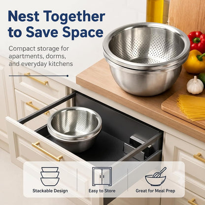 Stainless Steel Colander Set with Self-Draining Base, 3 Sizes Colanders & Food Strainers for Pasta, Rice, Fruits & Veggies, Metal Colander with Draining Plate for Sink or Countertop