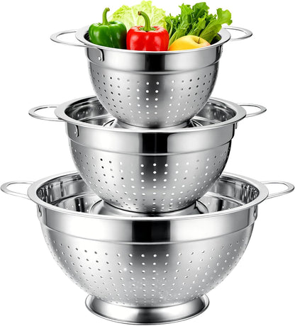 Stainless Steel Colander Set with Self-Draining Base, 3 Sizes Colanders & Food Strainers for Pasta, Rice, Fruits & Veggies, Metal Colander with Draining Plate for Sink or Countertop