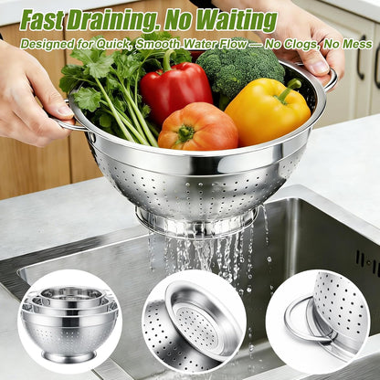 Stainless Steel Colander Set with Self-Draining Base, 3 Sizes Colanders & Food Strainers for Pasta, Rice, Fruits & Veggies, Metal Colander with Draining Plate for Sink or Countertop