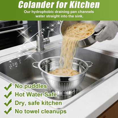 Stainless Steel Colander Set with Self-Draining Base, 3 Sizes Colanders & Food Strainers for Pasta, Rice, Fruits & Veggies, Metal Colander with Draining Plate for Sink or Countertop