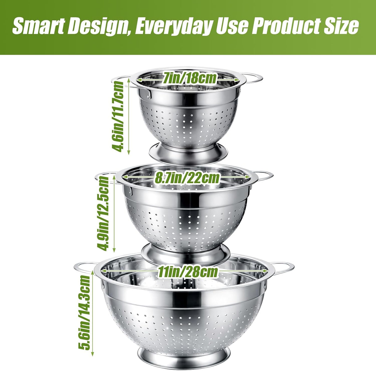 Stainless Steel Colander Set with Self-Draining Base, 3 Sizes Colanders & Food Strainers for Pasta, Rice, Fruits & Veggies, Metal Colander with Draining Plate for Sink or Countertop
