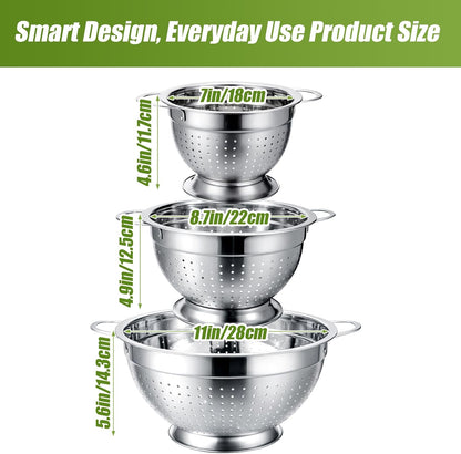 Stainless Steel Colander Set with Self-Draining Base, 3 Sizes Colanders & Food Strainers for Pasta, Rice, Fruits & Veggies, Metal Colander with Draining Plate for Sink or Countertop