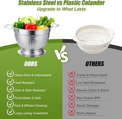 Stainless Steel Colander Set with Self-Draining Base, 3 Sizes Colanders & Food Strainers for Pasta, Rice, Fruits & Veggies, Metal Colander with Draining Plate for Sink or Countertop