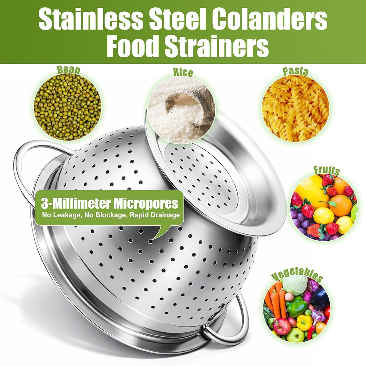 Stainless Steel Colander Set with Self-Draining Base, 3 Sizes Colanders & Food Strainers for Pasta, Rice, Fruits & Veggies, Metal Colander with Draining Plate for Sink or Countertop