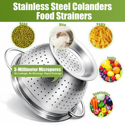 Stainless Steel Colander Set with Self-Draining Base, 3 Sizes Colanders & Food Strainers for Pasta, Rice, Fruits & Veggies, Metal Colander with Draining Plate for Sink or Countertop