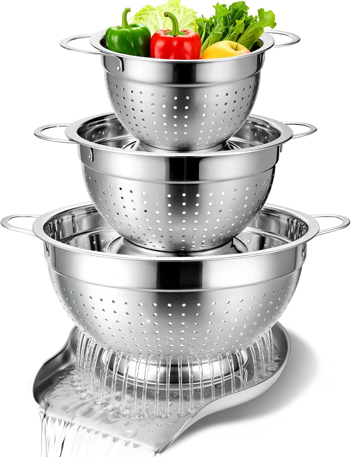 Stainless Steel Colander Set with Self-Draining Base, 3 Sizes Colanders & Food Strainers for Pasta, Rice, Fruits & Veggies, Metal Colander with Draining Plate for Sink or Countertop