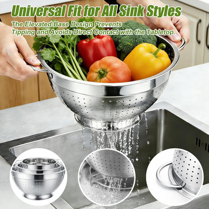 Stainless Steel Colander Set with Self-Draining Base, 3 Sizes Colanders & Food Strainers for Pasta, Rice, Fruits & Veggies, Metal Colander with Draining Plate for Sink or Countertop