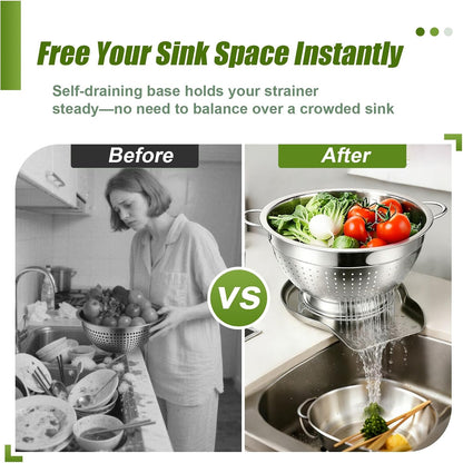 Stainless Steel Colander Set with Self-Draining Base, 3 Sizes Colanders & Food Strainers for Pasta, Rice, Fruits & Veggies, Metal Colander with Draining Plate for Sink or Countertop