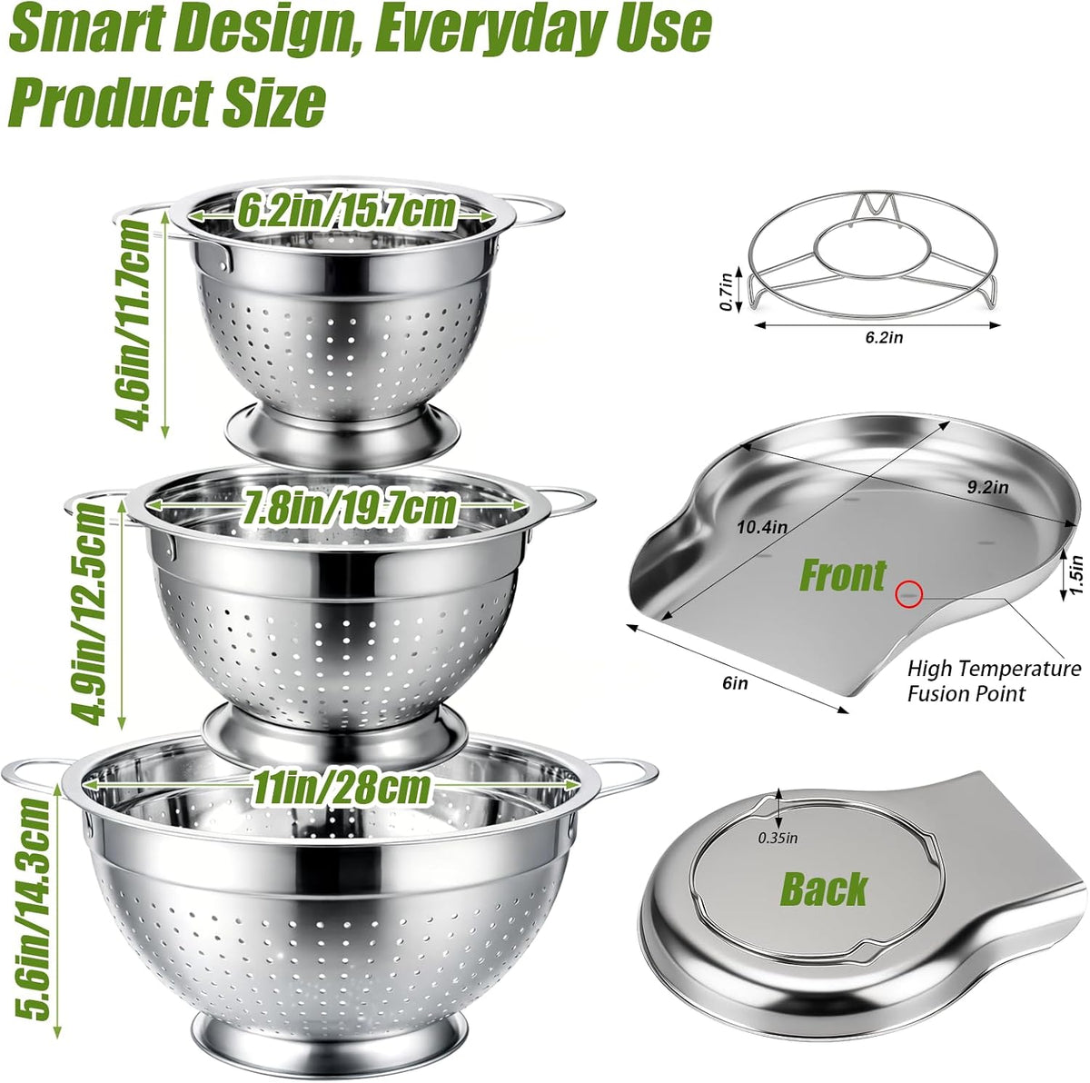 Stainless Steel Colander Set with Self-Draining Base, 3 Sizes Colanders & Food Strainers for Pasta, Rice, Fruits & Veggies, Metal Colander with Draining Plate for Sink or Countertop