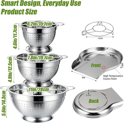 Stainless Steel Colander Set with Self-Draining Base, 3 Sizes Colanders & Food Strainers for Pasta, Rice, Fruits & Veggies, Metal Colander with Draining Plate for Sink or Countertop