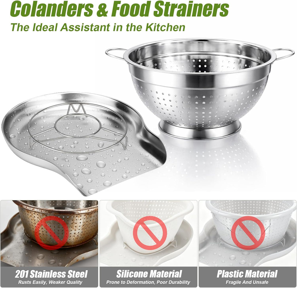 Stainless Steel Colander Set with Self-Draining Base, 3 Sizes Colanders & Food Strainers for Pasta, Rice, Fruits & Veggies, Metal Colander with Draining Plate for Sink or Countertop