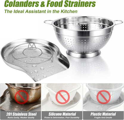 Stainless Steel Colander Set with Self-Draining Base, 3 Sizes Colanders & Food Strainers for Pasta, Rice, Fruits & Veggies, Metal Colander with Draining Plate for Sink or Countertop