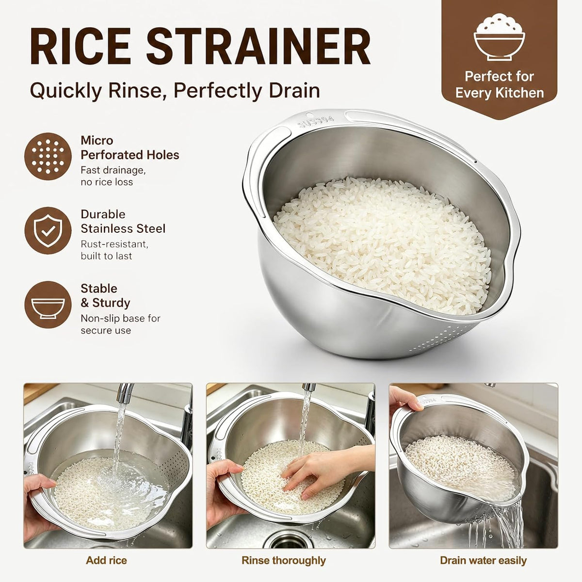 Stainless Steel Colander Set with Self-Draining Base, 3 Sizes Colanders & Food Strainers for Pasta, Rice, Fruits & Veggies, Metal Colander with Draining Plate for Sink or Countertop