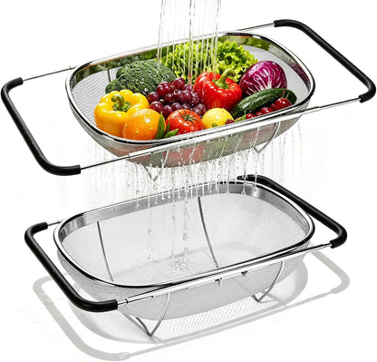 Stainless Steel Colander Set with Self-Draining Base, 3 Sizes Colanders & Food Strainers for Pasta, Rice, Fruits & Veggies, Metal Colander with Draining Plate for Sink or Countertop