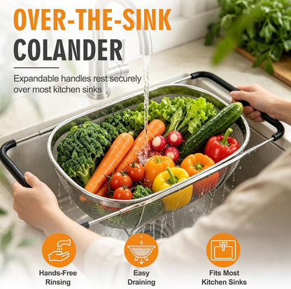 Stainless Steel Colander Set with Self-Draining Base, 3 Sizes Colanders & Food Strainers for Pasta, Rice, Fruits & Veggies, Metal Colander with Draining Plate for Sink or Countertop