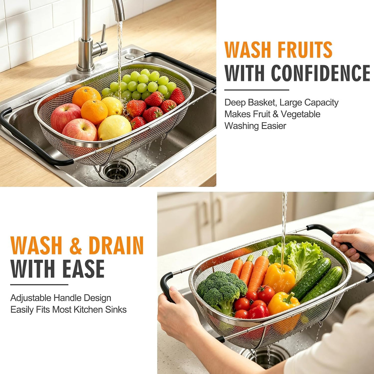 Stainless Steel Colander Set with Self-Draining Base, 3 Sizes Colanders & Food Strainers for Pasta, Rice, Fruits & Veggies, Metal Colander with Draining Plate for Sink or Countertop