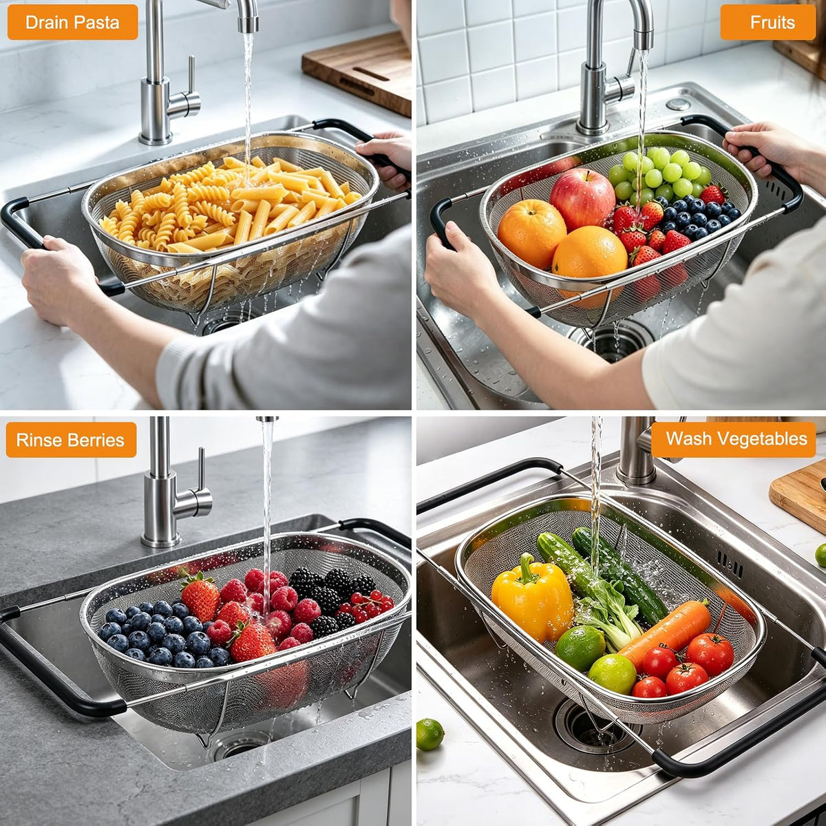 Stainless Steel Colander Set with Self-Draining Base, 3 Sizes Colanders & Food Strainers for Pasta, Rice, Fruits & Veggies, Metal Colander with Draining Plate for Sink or Countertop