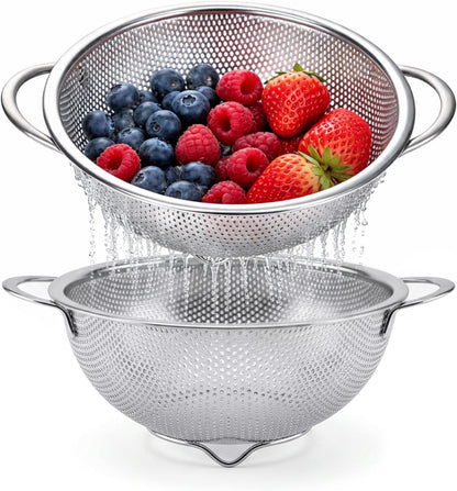 Stainless Steel Colander Set with Self-Draining Base, 3 Sizes Colanders & Food Strainers for Pasta, Rice, Fruits & Veggies, Metal Colander with Draining Plate for Sink or Countertop