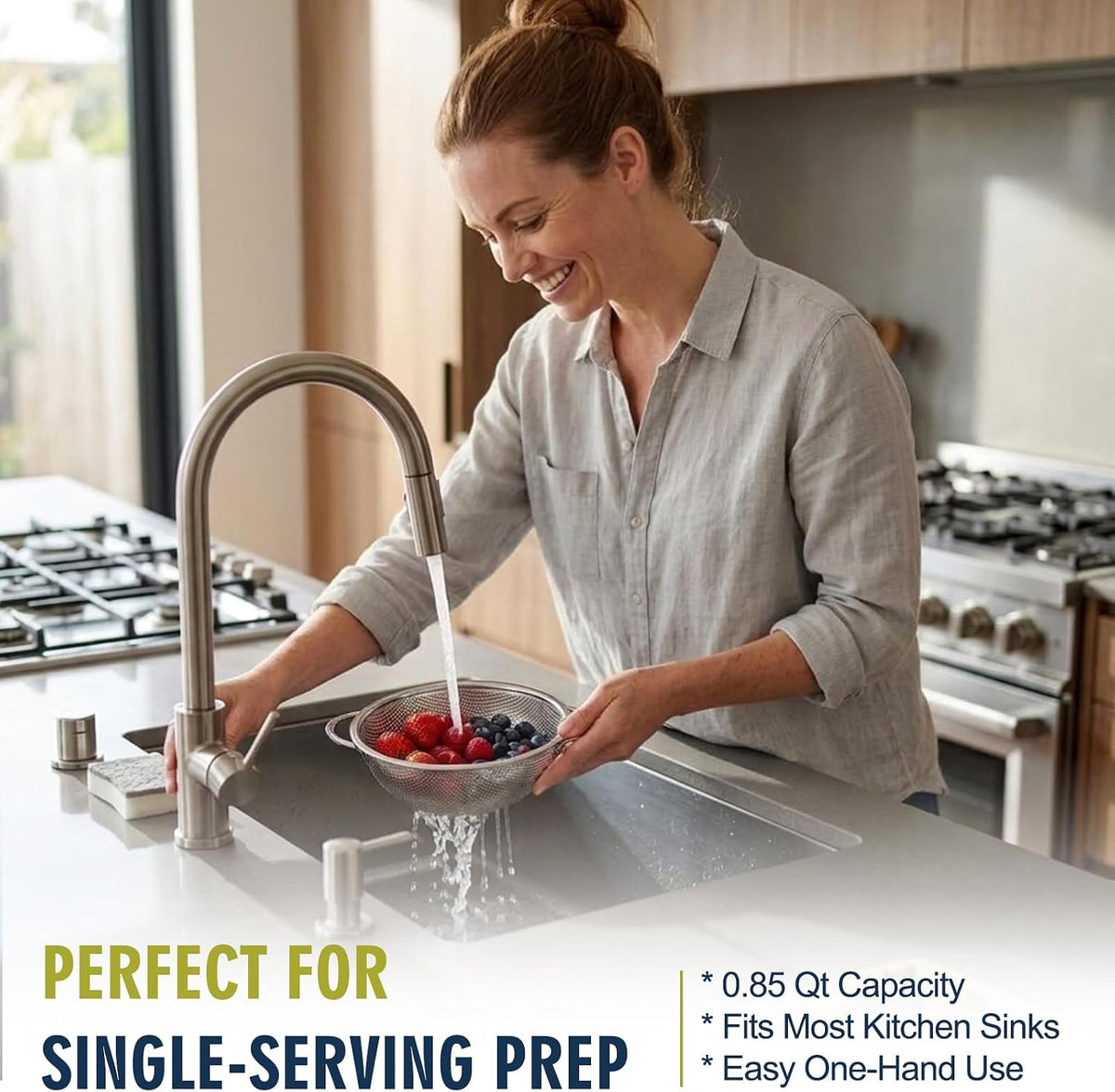 Stainless Steel Colander Set with Self-Draining Base, 3 Sizes Colanders & Food Strainers for Pasta, Rice, Fruits & Veggies, Metal Colander with Draining Plate for Sink or Countertop