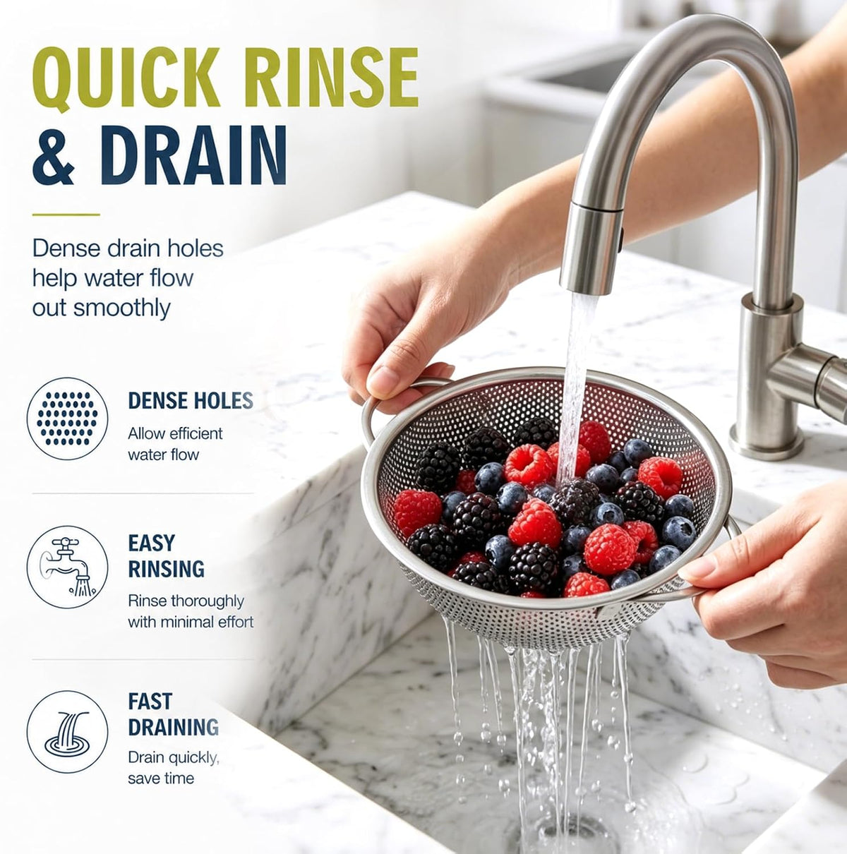 Stainless Steel Colander Set with Self-Draining Base, 3 Sizes Colanders & Food Strainers for Pasta, Rice, Fruits & Veggies, Metal Colander with Draining Plate for Sink or Countertop
