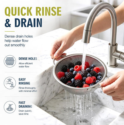 Stainless Steel Colander Set with Self-Draining Base, 3 Sizes Colanders & Food Strainers for Pasta, Rice, Fruits & Veggies, Metal Colander with Draining Plate for Sink or Countertop