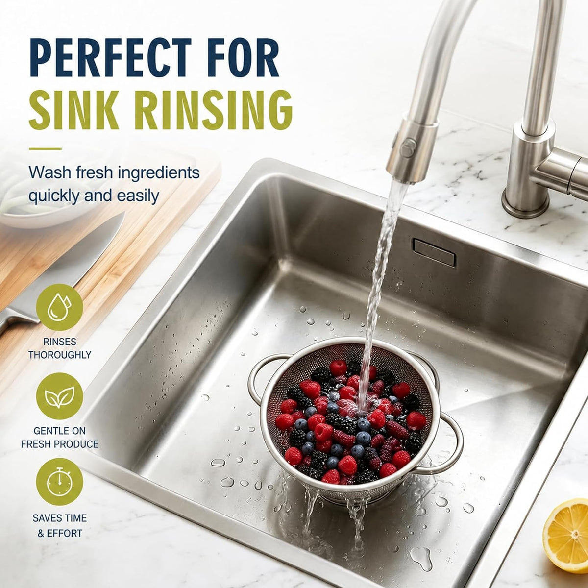Stainless Steel Colander Set with Self-Draining Base, 3 Sizes Colanders & Food Strainers for Pasta, Rice, Fruits & Veggies, Metal Colander with Draining Plate for Sink or Countertop