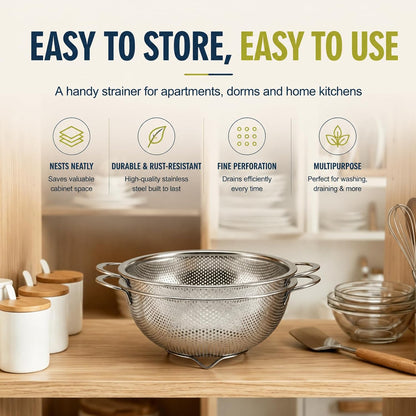 Stainless Steel Colander Set with Self-Draining Base, 3 Sizes Colanders & Food Strainers for Pasta, Rice, Fruits & Veggies, Metal Colander with Draining Plate for Sink or Countertop