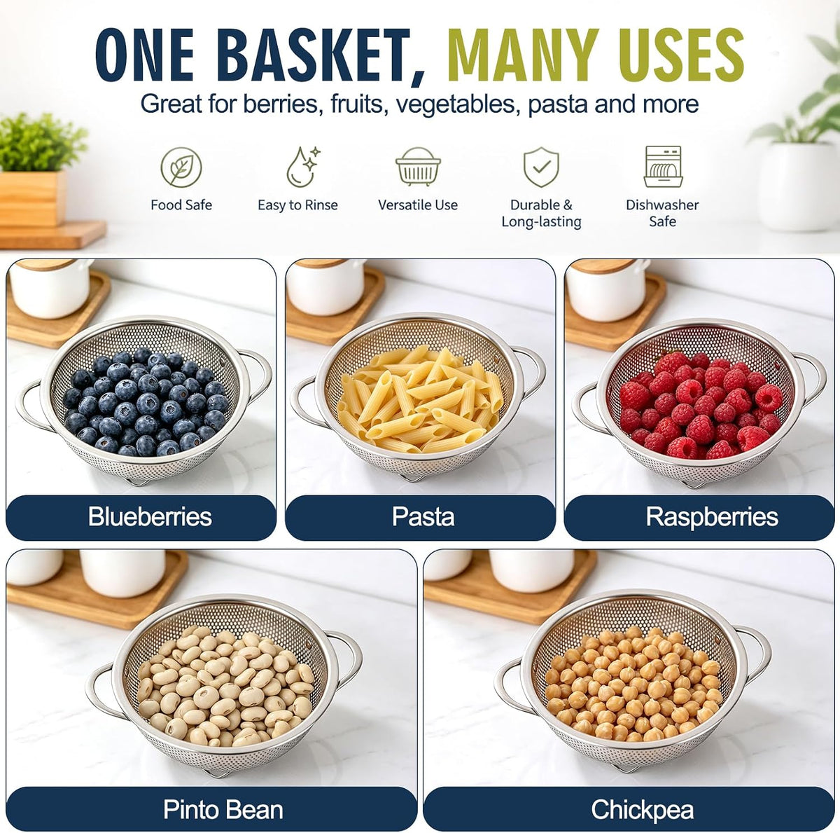 Stainless Steel Colander Set with Self-Draining Base, 3 Sizes Colanders & Food Strainers for Pasta, Rice, Fruits & Veggies, Metal Colander with Draining Plate for Sink or Countertop