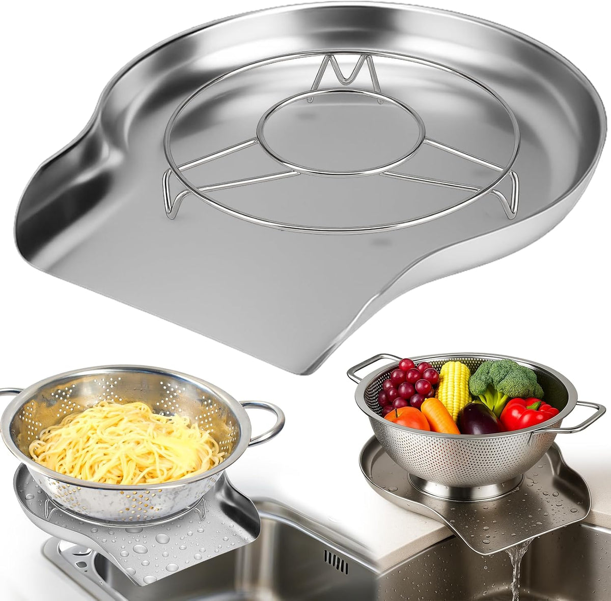 Stainless Steel Colander Set with Self-Draining Base, 3 Sizes Colanders & Food Strainers for Pasta, Rice, Fruits & Veggies, Metal Colander with Draining Plate for Sink or Countertop