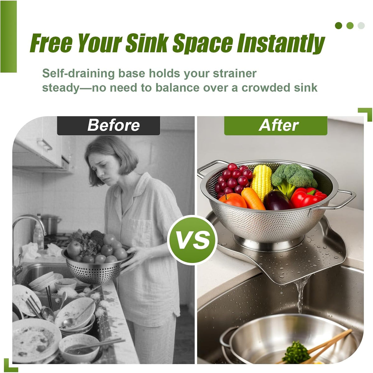 Stainless Steel Colander Set with Self-Draining Base, 3 Sizes Colanders & Food Strainers for Pasta, Rice, Fruits & Veggies, Metal Colander with Draining Plate for Sink or Countertop