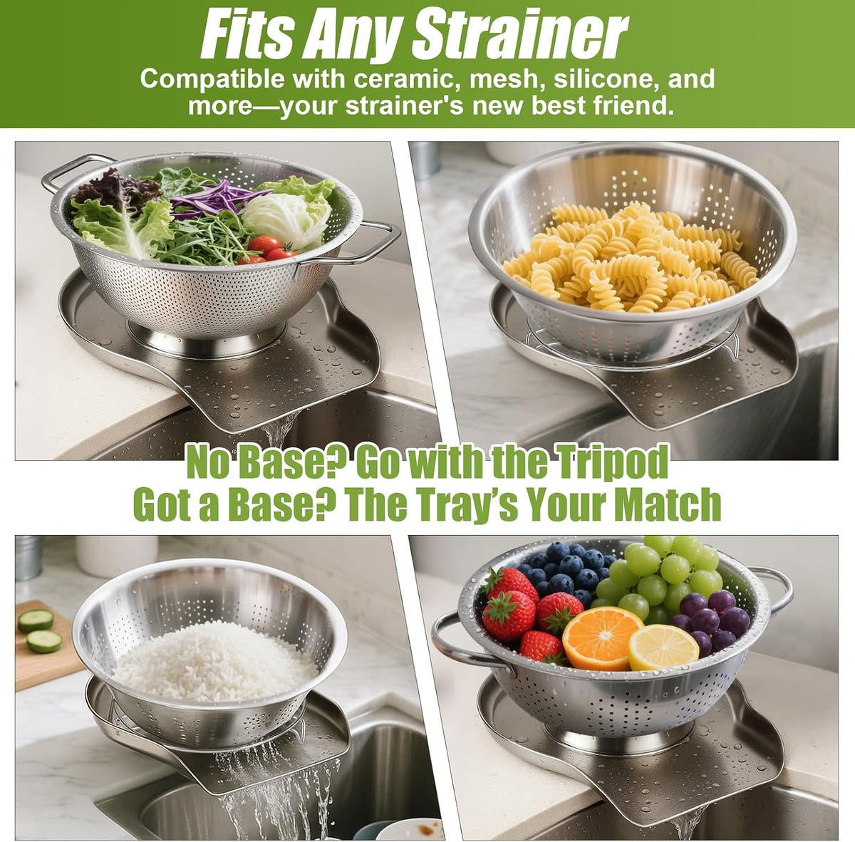 Stainless Steel Colander Set with Self-Draining Base, 3 Sizes Colanders & Food Strainers for Pasta, Rice, Fruits & Veggies, Metal Colander with Draining Plate for Sink or Countertop