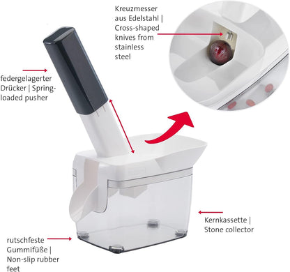 Cherry Stoner Pitter, Stainless Steel plunger Comes with Waste Container, Stones Cherries Ready For Cakes and Preserves