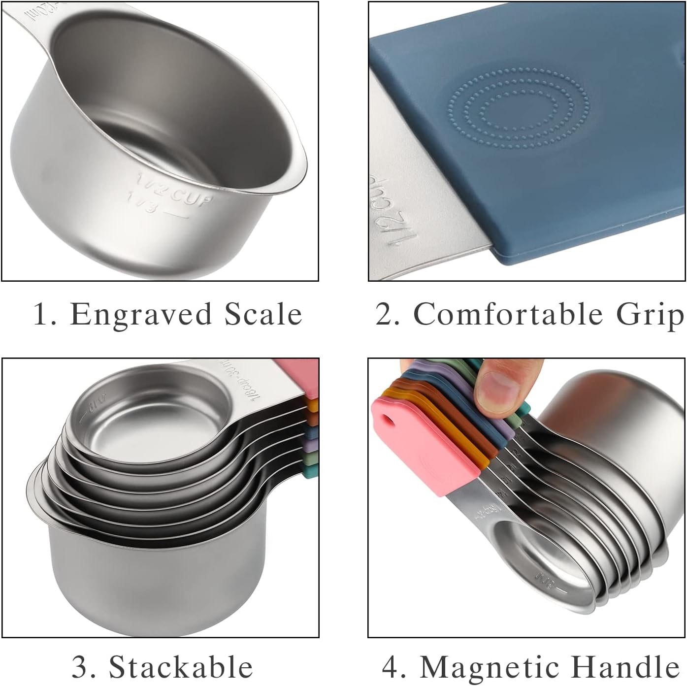 Magnetic Measuring Cups and Spoons Set Including 7 Stainless Steel Stackable Measuring Cup 8 Double Sided Magnetic Measuring Spoons with 1 Leveler for Dry and Liquid Ingredients (black)