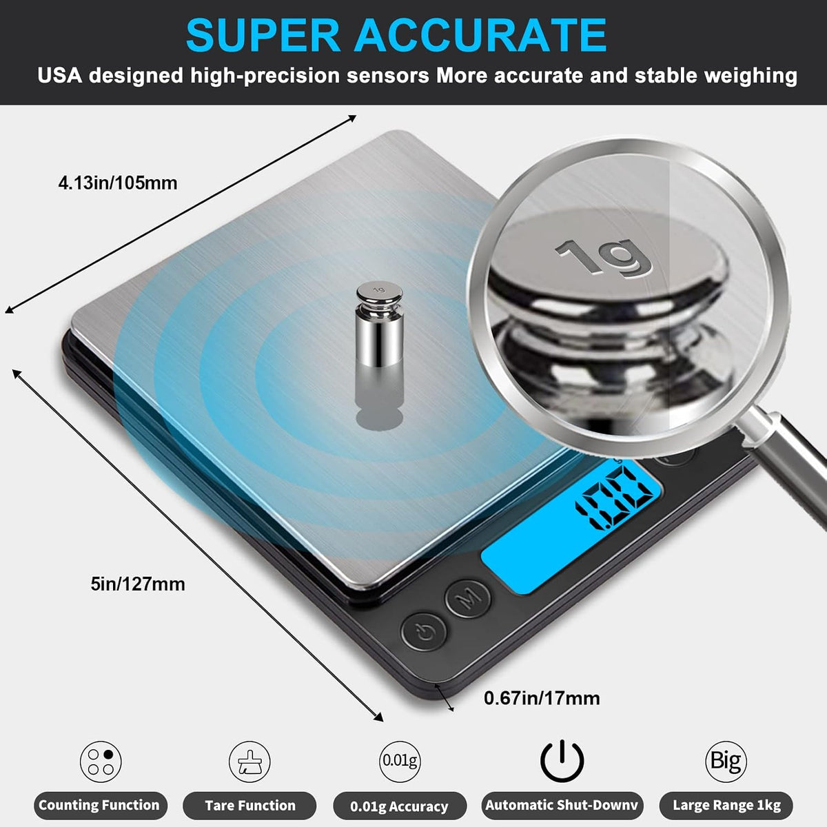 Small Digital Gram Scale 1000g by 0.01g, High Accuracy Scale for Food Ounces and Grams, Upgrade USB Charging Kitchen Scale Digital Weight for Cooking, Baking, with Tare Function, 9 Units, 2 Tray