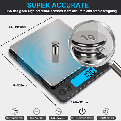 Small Digital Gram Scale 1000g by 0.01g, High Accuracy Scale for Food Ounces and Grams, Upgrade USB Charging Kitchen Scale Digital Weight for Cooking, Baking, with Tare Function, 9 Units, 2 Tray