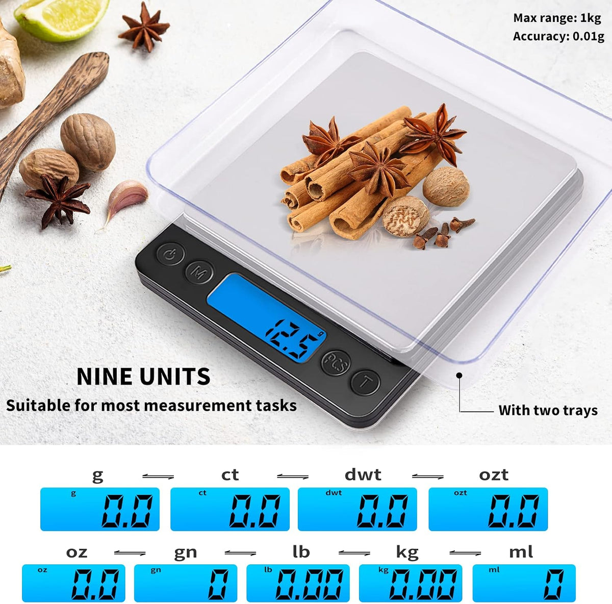 Small Digital Gram Scale 1000g by 0.01g, High Accuracy Scale for Food Ounces and Grams, Upgrade USB Charging Kitchen Scale Digital Weight for Cooking, Baking, with Tare Function, 9 Units, 2 Tray