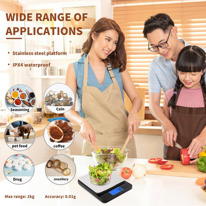 Small Digital Gram Scale 1000g by 0.01g, High Accuracy Scale for Food Ounces and Grams, Upgrade USB Charging Kitchen Scale Digital Weight for Cooking, Baking, with Tare Function, 9 Units, 2 Tray
