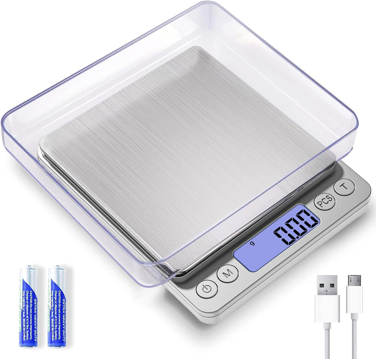 Small Digital Gram Scale 1000g by 0.01g, High Accuracy Scale for Food Ounces and Grams, Upgrade USB Charging Kitchen Scale Digital Weight for Cooking, Baking, with Tare Function, 9 Units, 2 Tray