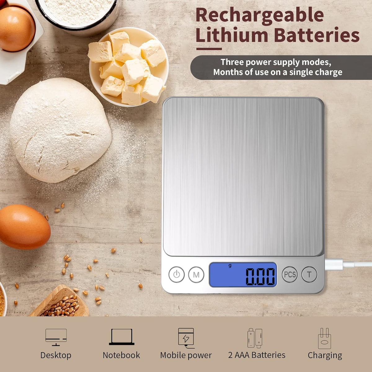 Small Digital Gram Scale 1000g by 0.01g, High Accuracy Scale for Food Ounces and Grams, Upgrade USB Charging Kitchen Scale Digital Weight for Cooking, Baking, with Tare Function, 9 Units, 2 Tray